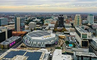 aerial view of downtown commons